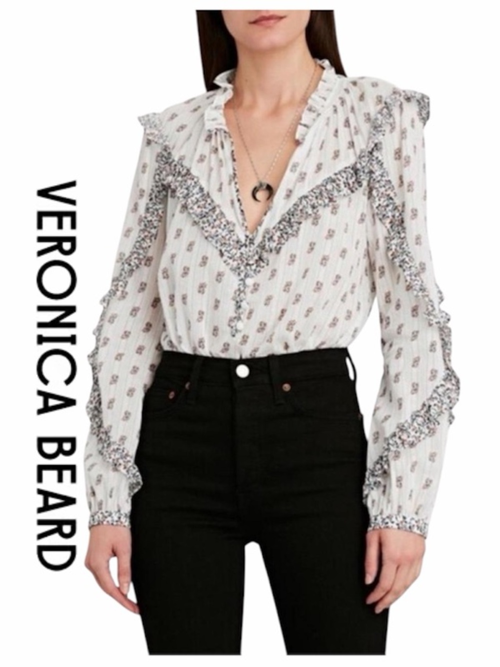 Veronica Beard Abra Ruffled Floral Print Cotton Ivory Cream Peasant Blouse 00